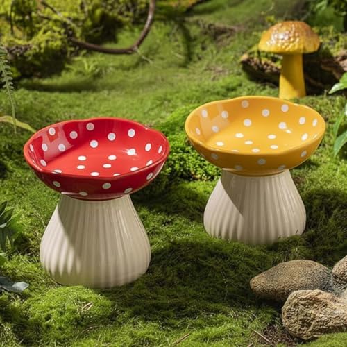 Mushroom Cat Bowl, Raised Ceramic Cat Food Dish for Whisker Fatigue, Forest Style Pet Water Bowl, Elevated Tilted Neck Protection Feeder for Indoor Cats & Small Dogs (Red & Yellow) by Whimsicalfox