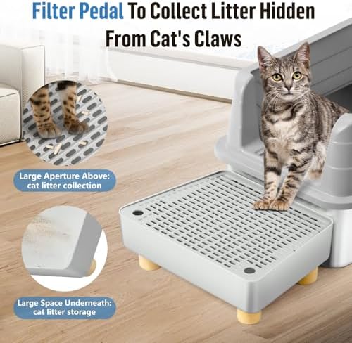 Extra Large Cat Litter Box Step Ramp, Cat's Litter Catcher Mat with Wooden Feet, Filter Function, Pedal Stool for Self-Cleaning Cat Litter Box, Ideal for Kitten & Elderly Cats (Light Grey) - Image 3