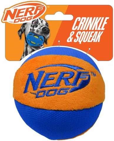 Nerf Dog Trackshot Ball Dog Toy with Interactive Squeaker and Crunch, Lightweight, Durable and Water Resistant, 4.5 Inches, For Medium/Large Breeds, Single Unit, Blue/Orange by GramercyProductsInc