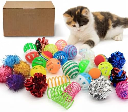 LASOCUHOO Cat Toys Kitten Assortment - Rainbow, Crinkle, Sparkle, Bell & Sisal Balls for All Cats - 30 Packs by LASOCUHOO