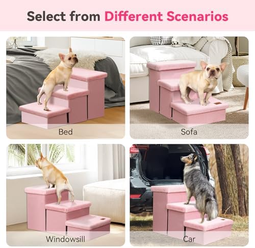 Zerbuger Dog Stairs with Storage, Pink Furry Lids 3 Steps Dog Ramp no Condo - Image 5