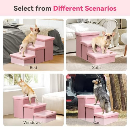 Zerbuger Dog Stairs with Storage, Pink Furry Lids 3 Steps Dog Ramp no Condo - Image 5