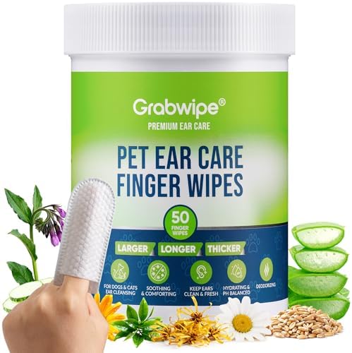 Dog Ear Cleaner Wipes for Dogs & Cats, Large Finger Ear Cleaner Pads, Natural Pet Ear Wipes for Wax Removal & Fresh Care, 50 Ct by Grabwipe