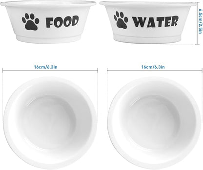 FOREYY Set of 2 Ceramic Dog Cat Bowl Set, Pet Porcelain Food and Water Feeder Dish Bowls with Anti Slip Band, Dishwasher and Microwave Safe (Small)