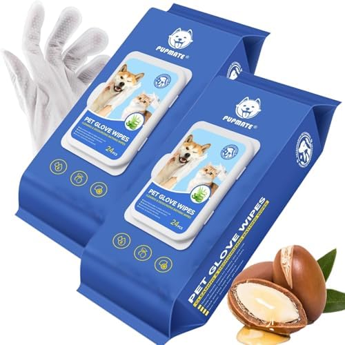 Pet Cleaning Glove Wipes for Dogs & Cats, Hypoallergenic Deodorizing Disposable No-Rinse Grooming Wipes, Extra Thick Bathing Wipes,Perfect for Pet Dry Cleaning,Daily Care and Travel,48 pcs by PUPMATE