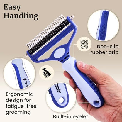 2-in-1 Deshedding Brush and Dematting Rake - Double Coat Undercoat Grooming Tool for Dogs and Cats, Reduces Shedding by Up to 95% (Electric Blue) - Image 4