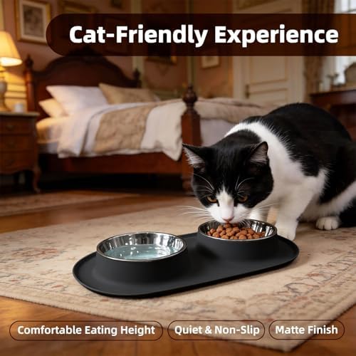 Double Cat Food Bowls with Silicone Base, Stainless Steel Dishes, Non-Slip Feeding & Water Station, Easy-Clean Pet Bowls for Cats, 1.75-Cup Capacity Each, Black - Image 5