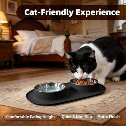 Double Cat Food Bowls with Silicone Base, Stainless Steel Dishes, Non-Slip Feeding & Water Station, Easy-Clean Pet Bowls for Cats, 1.75-Cup Capacity Each, Black - Image 5