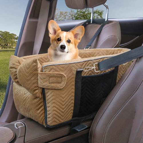 Prpeko Small Dog Car Seat, Portable Dog Seat with Soft Washable Cushion,Center Console Dog Car Seat for Small Dogs Up to 13lbs(Brown) by Prpeko