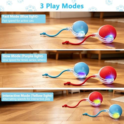 Interactive Cat Toys Ball for Indoor Cats, Automatic Self-Rolling, Motion-Activated, Bird Chirping Cats Dogs Ball Toy with Elastic Mesh Tail, Cat Enrichment Toys for Indoor Cats (Red+Blue) - Image 6