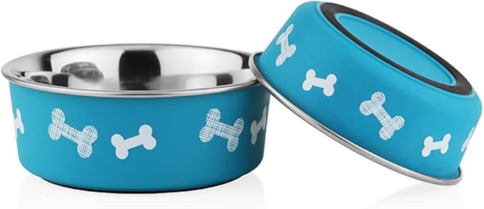 Printed Teal Blue Stainless Steel Dog Bowl with Anti-Skid Base, 15.89 oz | Food & Water Bowl for Small Dogs, Puppies & Cats, Durable Metal Pet Bowl