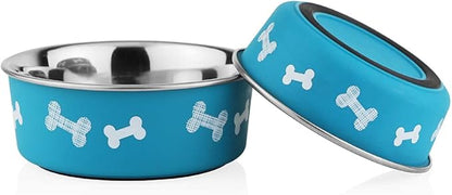 Printed Teal Blue Stainless Steel Dog Bowl with Anti-Skid Base, 15.89 oz | Food & Water Bowl for Small Dogs, Puppies & Cats, Durable Metal Pet Bowl