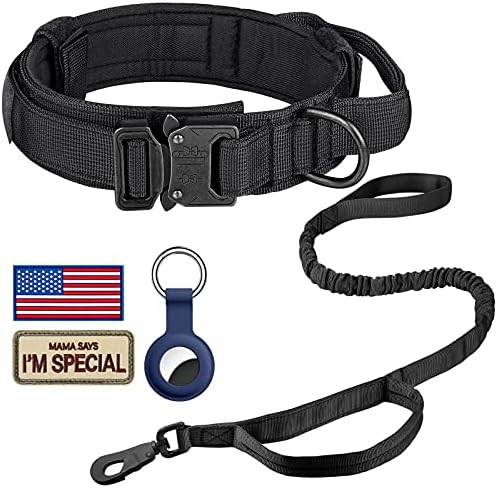 DAGANXI Tactical Dog Collar Leash Set, Adjustable Military Training Nylon Dog Collar with Controll Handle and Heavy Metal Buckle for Medium and Large Dogs，with Patches and Airtags Case (M, Black-Set) by DAGANXI