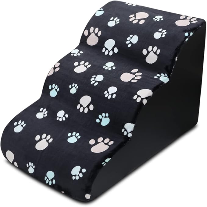 Pet Stairs, 3-Steps Dog Stairs, Removable and Washable Dog Stairs with Slope Steps and Non-Slip Bottom, Soft and Comfortable Dog Ramp(Black-Paw)