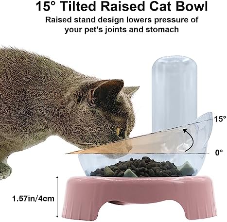 Triple Cat Bowls,15°Tilt 3-in-1 Water Feeder Bowls Cat Double Food Bowls with Automatic Water Bottle Bowl, Whisker Friendly Wet and Dry Cat Elevated Feeding Dishes for Small Cat and Puppy (Pink) - Image 4