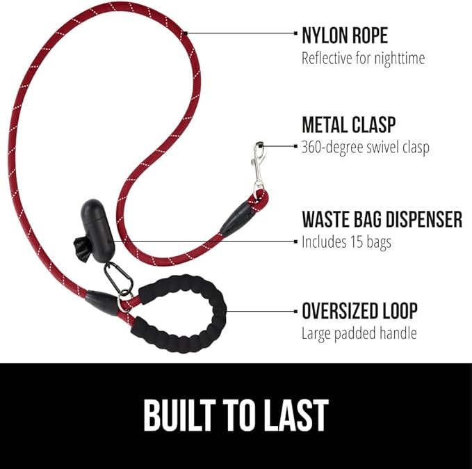 GORILLA GRIP Dog Leash, Heavy Duty Reflective Rope Leashes for Large, Medium, Small Breed Dogs, Puppy Training Essential for Walks, Hikes, Soft Handle, Rotating Metal Clip, Waste Bag Dispenser, Red