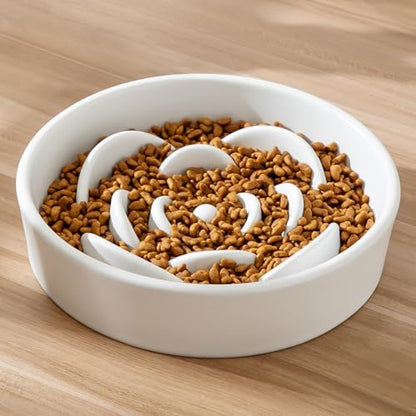 8.25'' Ceramic Slow Feeder Dog Bowls - Petal Shape Modern Dog Food Dish for Medium and Large Breeds, Puzzle Maze Bowl to Slow Down Eating, Anti-Gulping, Dishwasher & Microwave Safe, White - Image 7