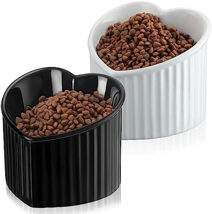 Mumufy 2 Pcs Ceramic Elevated Cat Bowls Tilted Elevated Raised Pet Bowls Anti Vomit Cat Dish for Indoor Stress Free Water Dish Feeder for Puppies, Heart Shaped(Pearly White, Black) by Mumufy