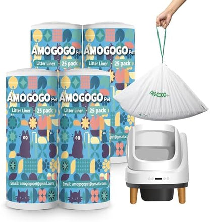 100 Pack Litter Box Liners, Compatible with PetSafe ScoopFree OpenSky Automatic Litter Box, Large Capacity Waste Bin Liners, Heavy Duty, Thick Drawstring Refill Bags, 25.39" x 12.6" by AMOGOGOPET