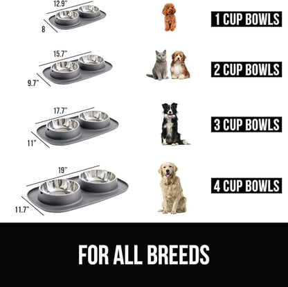 GORILLA GRIP Feeding Mat Bowl Set, 3 Cup 100% Waterproof BPA Free Silicone Base, 304 Stainless Steel Cat and Dog Bowls for Food and Water, Slip Resistant, High Edge, US Designed, Patent Pending, Gray