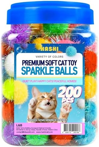 HA SHI Sparkle Cat Toy Balls 200 Pack, Tinsel Pom Poms with Storage Jar by HASHI