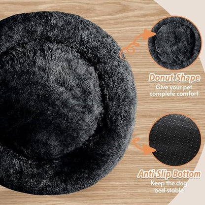 JOLLYVOGUE Calming Dog Bed Medium Size Dog, 31in Donut Washable Medium Pet Bed, Anti-Slip & Anti-Anxiety Fluffy Faux Fur Round Dogs Bed, Fits up to 45 lbs Pets (Black) - Image 3