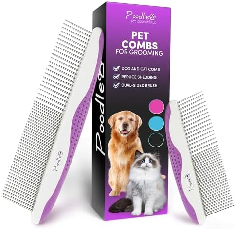 Poodle Pet Dog Combs for Grooming | 2 Pack | Stainless Steel Teeth Easily Remove Dirt | Proper Care Prevents Knots and Mats for Long and Short Haired Pets | Anti-Slip Comfort Grip Handle (Purple) by Poodlie