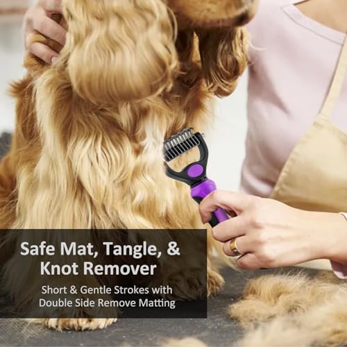 WePet Grooming Rake for Dogs & Cats, Double-Sided Deshedding Brush, Extra-Wide Dematting Tool, Slicker Comb for Undercoat & Loose Hair Removal, Reduces Shedding by 95%, Purple, Large - Image 4