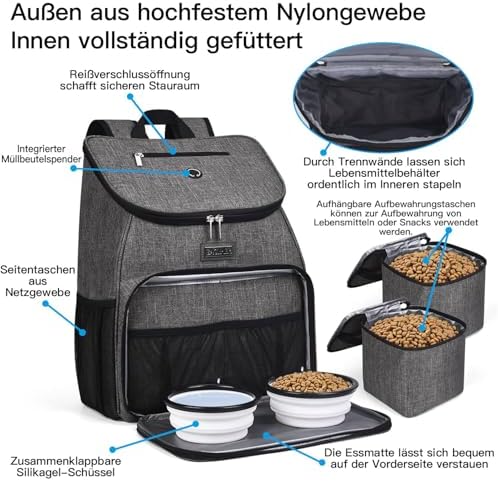 BAGLHER丨Dog Travel Bag, Airline Approved Pet Supplies Backpack, Dog Travel Backpack Accessories Set with 2 Silicone Collapsible Bowls and 2 Food Baskets, Gray - Image 4