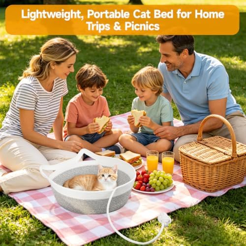 Cotton Rope Woven Cat Bed, Instinct Pet Basket with a Play Ball, Large - Image 5