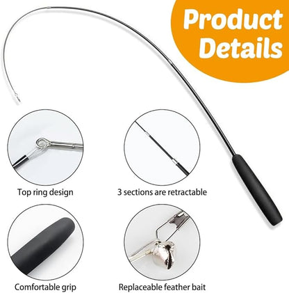 MiOYOOW Cat Toys Wand, Retractable Cat Rod 3-Section Interactive Cat Toys with EVA Non-Slip Handle for Indoor Cats Kittens(Not Include Replacement)