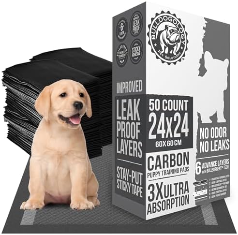 Bulldoglogy 50-Count Carbon Black Dog Pads Puppy Training Pads with Adhesive Tape 24x24 - Large Charcoal Puppy Pads Dog Training Wee Pads, Odor Control Thick Pee Pads for Dogs Extra Quick Dry by BulldogologyPetSolutions