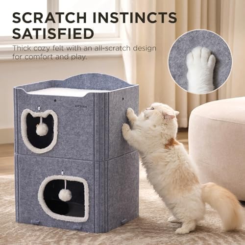Joydeco Cat House for Indoor Cats, 2 Story Scratch Resistant Felt Cat Condo, Hideaway Pet Cave Bed with Fluffy Ball and Tunnel for Kitten, Small Dogs, Rabbits, 17.7 x 13.3 x 24, Grey - Image 2