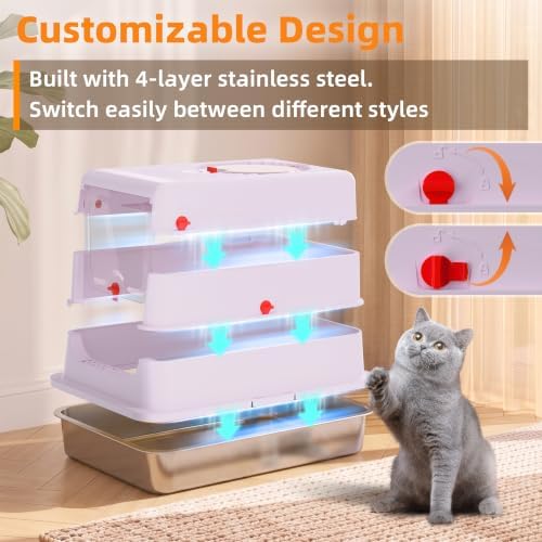 4-in-1 Stainless Steel Cat Litter Box with Flip Lid and High Sides, Lilac - Image 5