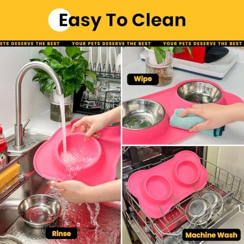 Conlun Dog Bowls with Silicone Mat, No Spill Stainless Set, S, Pink - Image 6