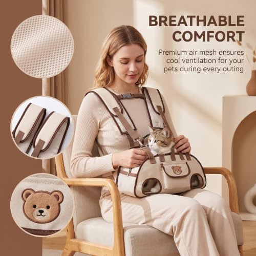Dog Carrier Sling, Puppy Sling Carrier for Medium Dogs & Cats, Breathable Mesh Pet Shoulder Bag with Adjustable Strap & Pockets, for Outdoor Walking Travel (Beige, M) - Image 3