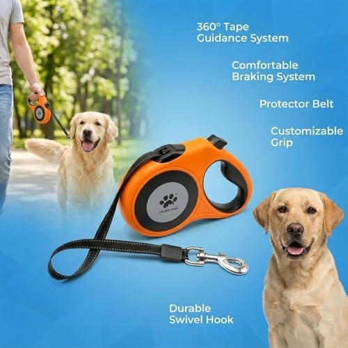 16 ft Retractable Dog Leash for Extra Large Dogs up to 130 lbs,Tangle-Free Nylon Tape,Orange Dan24 XL - Image 2