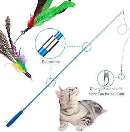 JIARON Cat Toys Interactive Feather Toy, 2PCS Retractable Wand and 10PCS Replacement Teaser with Bell Refills, Interactive Catcher and Funny Exercise for Kitten. - Image 3