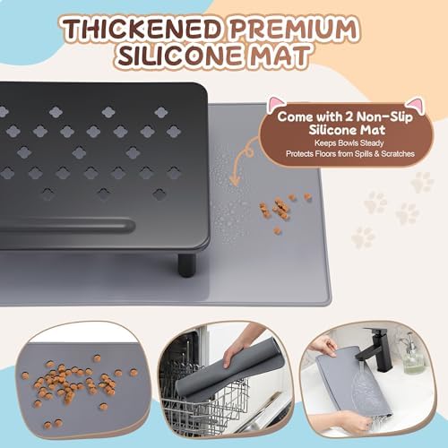 Dreyoo 2 Set Adjustable Cat Food Stand, Black,Gray Mat - Image 4