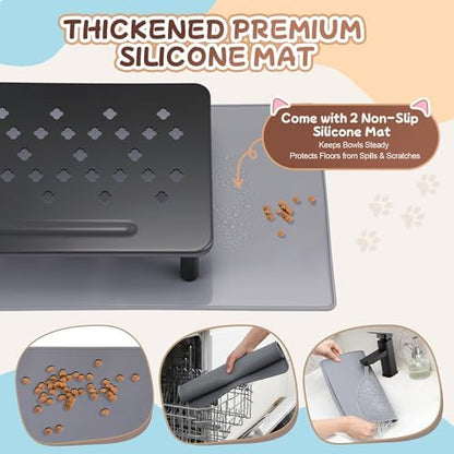 Dreyoo 2 Set Adjustable Cat Food Stand, Black,Gray Mat - Image 4