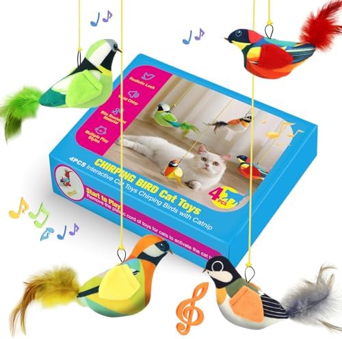 4PCS Interactive Hanging Bird Cat Toys Set - with Catnip, Realistic Chirping, Lifelike Birdie Tweets, Durable & Safe, Indoor Kitty Kitten Exercise Toys (Mini) by Havenfly