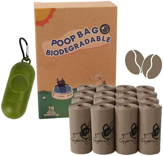 Dog Poop Bags Rolls, Coffee Scent Biodegradable Brown, Large 9x13 Inch With Dispenser, Leakproof & Easy Tear 240 Count (16 Rolls) for Outdoor Dog Walking