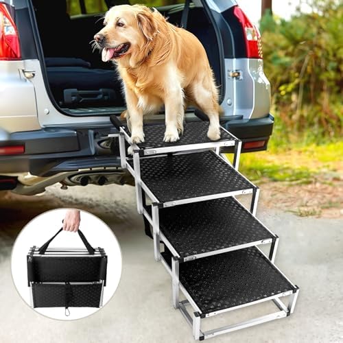 Foldable Dog Stairs with Non-Slip Surface - Portable Aluminum Dog Steps for Trucks, SUVs & Cars - 4 Steps by 9TH+SHOP