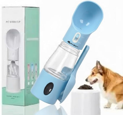 All-in-One Pet Water Bottle with Food Container, Poop Bag Dispenser & Shovel | Portable Dog Travel Bottle | Leak-Proof, BPA-Free, One-Hand Operation | Outdoor Pet Feeder (Blue)