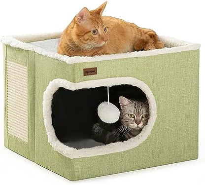 Garnpet Cat Bed for Indoor Cats Cube House, Covered Cat Cave Beds & Furniture with Scratch Pad and Hideaway Tent, Cute Modern Cat Condo for Multi Small Pet Large Kitten Kitty, Green by Garnpet