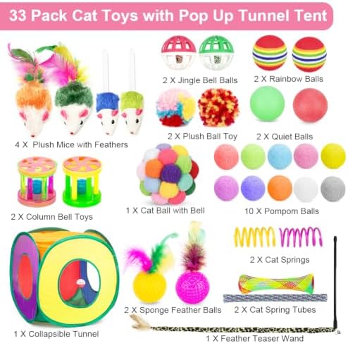 Retro Shaw 33Pcs Cat Toys Pack for Indoor Cats Kitten, with Cube Tunnel - Image 2