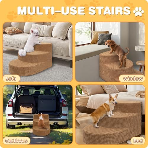 Dog Stairs 3 Steps Foam Pet Ramp for Small Dogs Cats, Khaki - Image 7