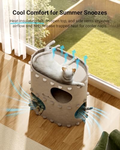DownyPaws Cat House for Indoor Cats, 2-Storey Cat Bed Cave, Cream - Image 4