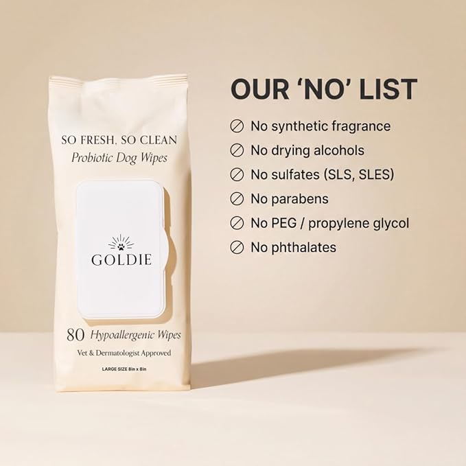 Goldie Dog Essentials Probiotic & Colloidal Oatmeal Dog Wipes for Paws, Skin Folds, Body & Bottom, Hypoallergenic, Fragrance-Free & Unscented, Plant-Based Dog Wipes, 80 Count