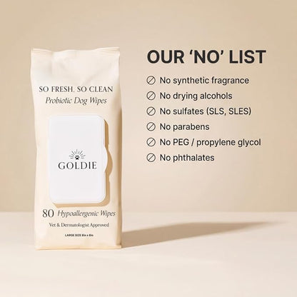 Goldie Dog Essentials Probiotic & Colloidal Oatmeal Dog Wipes for Paws, Skin Folds, Body & Bottom, Hypoallergenic, Fragrance-Free & Unscented, Plant-Based Dog Wipes, 80 Count